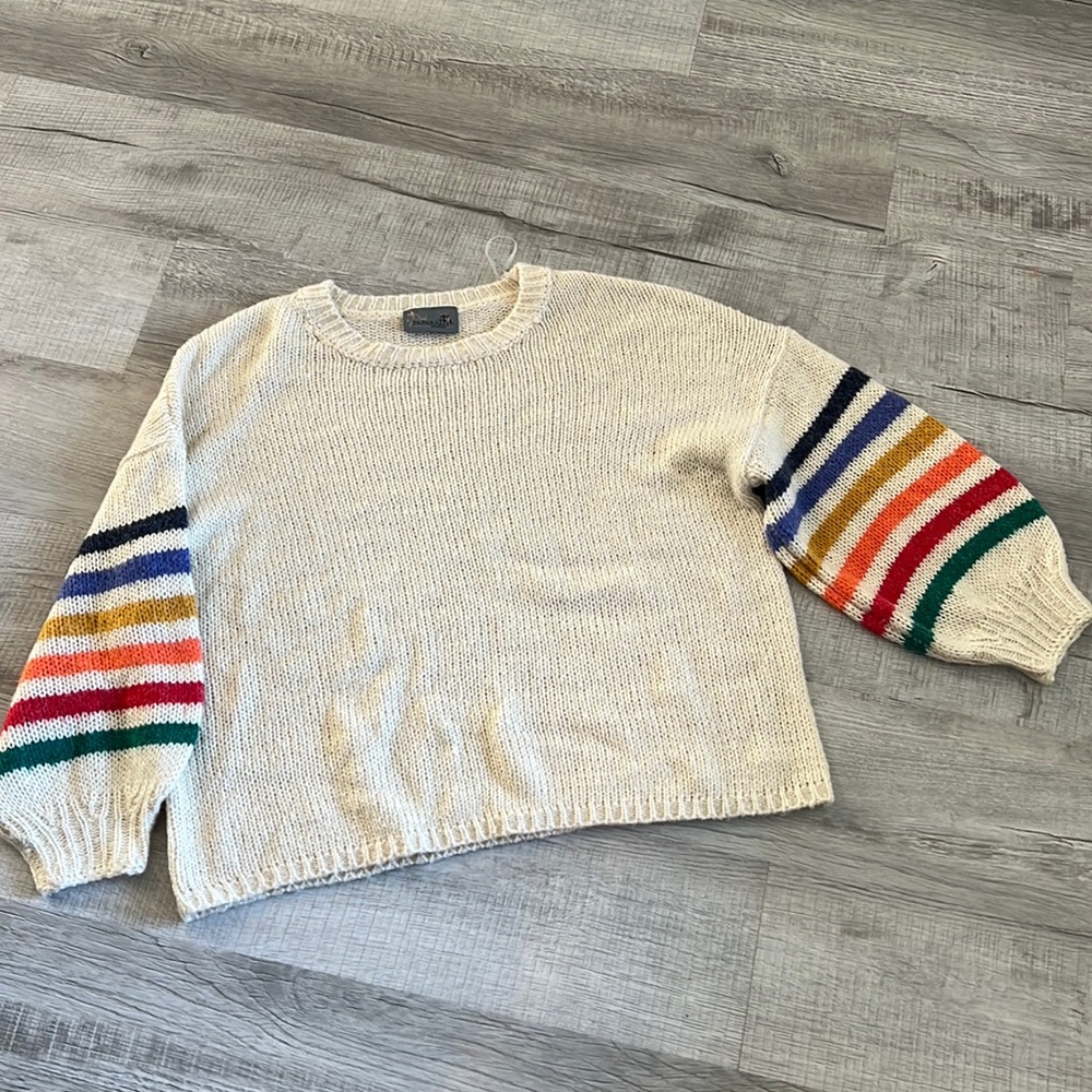 Multi colored, stripped sleeved sweater.